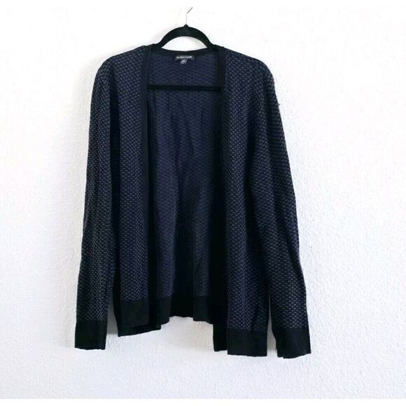 Eileen Fisher Waffle Knit Open Front Long Cardigan Jacket Black Blue Tencel Sz L - Picture 1 of 6